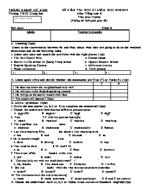 Đề kiểm tra học kỳ I môn Tiếng Anh Lớp 8 - Năm học 2018-2019 - Trường THCS Giang Sơn (Có đáp án)